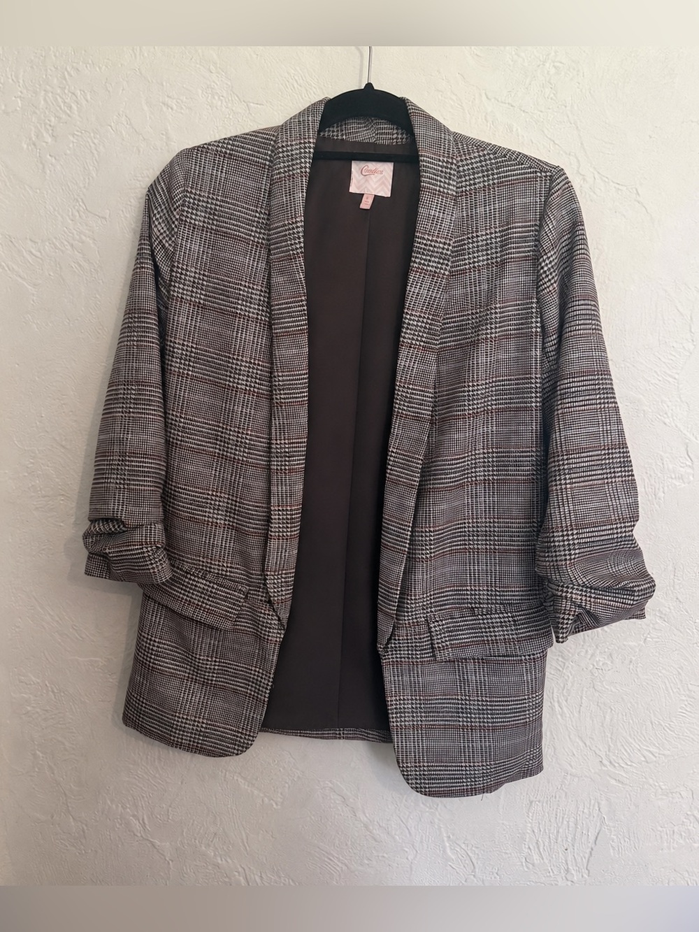 Candie’s Plaid Open Front Blazer Ruched Sleeves Size Small